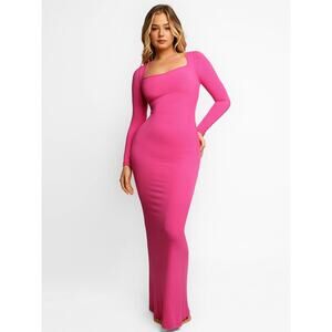 Popilush Shapewear Square Neck Maxi Dress Size S Pink Long Sleeve Slimming Modal